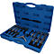 Mallette à outils bleue contenant divers composants d'extracteur en métal dans des emplacements moulés.