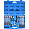 Ensemble d'outils avec divers extracteurs dans un coffret en plastique bleu.