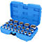 Mallette à outils bleue ouverte, contenant un assortiment de douilles argentées.