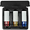 Jeu de douilles dans un étui noir. 3 douilles de couleurs différentes : rouge, or et bleu. Inscription KS Tools, dimensions en mm.