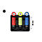 Trois douilles colorées (rouge, vert, bleu) dans une boîte noire, indications de taille en mm, 1/2 pouce.
