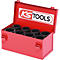 Boîte à outils rouge avec douilles noires. "KS TOOLS" est écrit sur le couvercle.