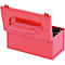 Boîte à outils rouge avec couvercle ouvert. Une clé à douille noire est dans la boîte.