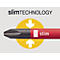 Gros plan sur un tournevis rouge avec l'inscription slim et slimTECHNOLOGY. Un cercle jaune avec des flèches souligne le design.