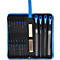 Ensemble de limes comprenant plusieurs petites et quatre grandes limes ainsi qu'une brosse métallique dans une trousse bleue.