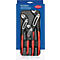 Un jeu de pinces professionnelles Knipex dans un emballage bleu. Des pinces noires avec des poignées rouges sont dans un moule en plastique gris.