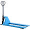 Light blue pallet truck against a white background, the handle and lifting device are gray.