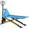 Blue metal pallet jack with forks and height-adjustable scissor structure. Yellow and black warning stripes.