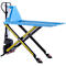Blue and black pallet lifter. Yellow and black safety markings. "HanseLifter" inscription.