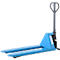 Blue pallet truck, with two forks, lifted. The lever is grey. Logo: Hanselifter.