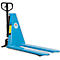 Blue pallet jack with two forks in front and a handle and drawbar behind. The body has a logo with arrows.