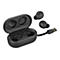 Schwarze kabellose In-Ear-Kopfhörer mit Ladecase und integriertem USB-Ladekabel vor weißem Hintergrund.
