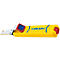 Yellow Jokari wire stripper. Features a red button, blue switch, silver blade, and a blue logo.