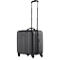 Black upright suitcase with extendable handle, four wheels and combination lock, set against a white background.