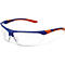 Lunettes de sécurité avec des détails bleus et orange. Verres clairs, monture bleue, extrémités des branches orange.