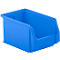 Caja de almacenamiento azul con frente inclinado. Forma rectangular con una superficie lisa.