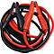 Red and black jumper cables. The red and black clamps are close to each other.