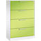 Een archiefkast met vier laden in felgroen en witte zijkanten. Elke lade heeft een zilveren handvat.
