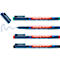 Blaue Edding-Marker mit grüner, blauer, roter und schwarzer Kappe, daneben liegt eine blaue Strichspur, Deckel liegt daneben.