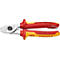 Rood-gele Knipex kabelsnijder. De snijbekken zijn zilverkleurig, de handgreep rood en geel met opschrift en het Knipex-logo.