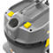 Gray vacuum cleaner lid, two yellow buttons, an opening, and a carrying handle.