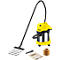 Yellow and black vacuum cleaner with accessories on a white background. Tube, attachments, bag and filter.