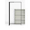 Zwart metalen frame met drie ingebouwde spots. Achter dit frame een plank met drie crème planken.