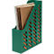 Green magazine rack with diagonal perforation, filled with notebooks and folders.