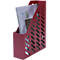 Red file holder with diagonal openings, filled with papers and brochures. Inscription: GLOBAL, LIFE, SAVE.