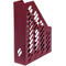 Burgundy magazine rack with angled slots.