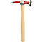 Ein Metallhammer mit rotem Kopf und Holzgriff. Der Hammer hat eine spitze und eine runde Seite.