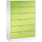 Ein grüner Aktenschrank mit sechs Schubladen. Die Griffe sind silberfarben, die Seiten weiß.