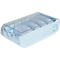 Boîte bleu clair avec couvercle transparent, divisée en compartiments, probablement pour le stockage.