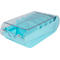 Boîte de rangement bleu clair avec couvercle transparent, divisée en plusieurs compartiments.