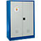 Blauwe kast met dubbele deuren en een ronde sticker.