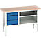 Kastenwerkbank Bott verso, Multiplex-Platte, 3 Schubladen & 1 Ablageboden, B 1500 x T 600 x H 830 - 930 mm, RAL 7035 Lichtgrau / Enzianblau