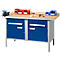 Werkbank mit blauen Türen und Schubladen, Holzplatte, Zubehör.
