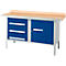 Kastenwerkbank Schäfer Shop Select PWi 150-4, Buche Multiplexplatte, mit Stahlkante, bis 750 kg, B 1500 x T 700 x H 840 mm, Enzianblau