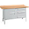 Werkbank mit grauen Metallschrank, drei Schubladen, und Holzplatte.