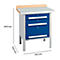 Blauer Werkstattschrank mit drei Schubladen, einer Arbeitsplatte und Grössenangaben. Masse: 840 mm hoch, 700 mm tief, 750 mm breit.