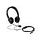 Schwarzes Headset mit Mikrofon und Kabel, auf weißem Hintergrund.
