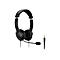 Schwarzes Headset mit Mikrofon und Klinkenstecker, isoliert auf weißem Hintergrund.