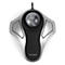 Wireless trackball mouse. Silver casing, black center, ball in the middle.