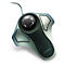 A silver trackball mouse with a black ball and cable. The writing KENSINGTON can be seen.