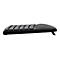 Clavier ergonomique noir, vu légèrement d'en haut, avec des touches et un repose-poignet.