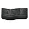 Clavier ergonomique noir, vue de dessus. Le clavier est divisé et possède un repose-poignet intégré. Le mot Kensington est visible.