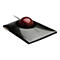 Kensington Trackball-Maus mit glänzend dunkelgrauem Gehäuse und großer, roter Kugel.