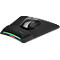 Black mousepad with wrist rest and mouse. The rest has colored accents. Mouse is also black.