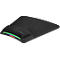 Black ergonomic mouse pad with wrist rest. Colorful accents, including green, blue, and orange.