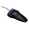 Souris trackball noire avec boule bleue et câble. La marque Kensington est visible.